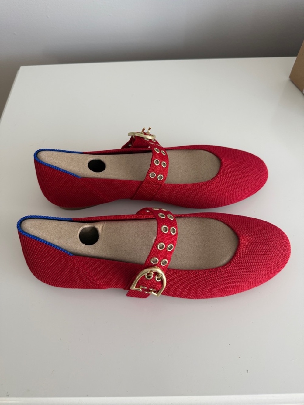 Rothy's Red Mary Jane Flats with Gold Buckles